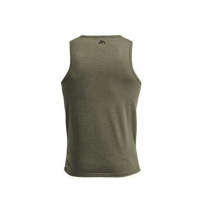 Olive Men's Rise Tri-Blend Tank back view with mountain logo in top center 
