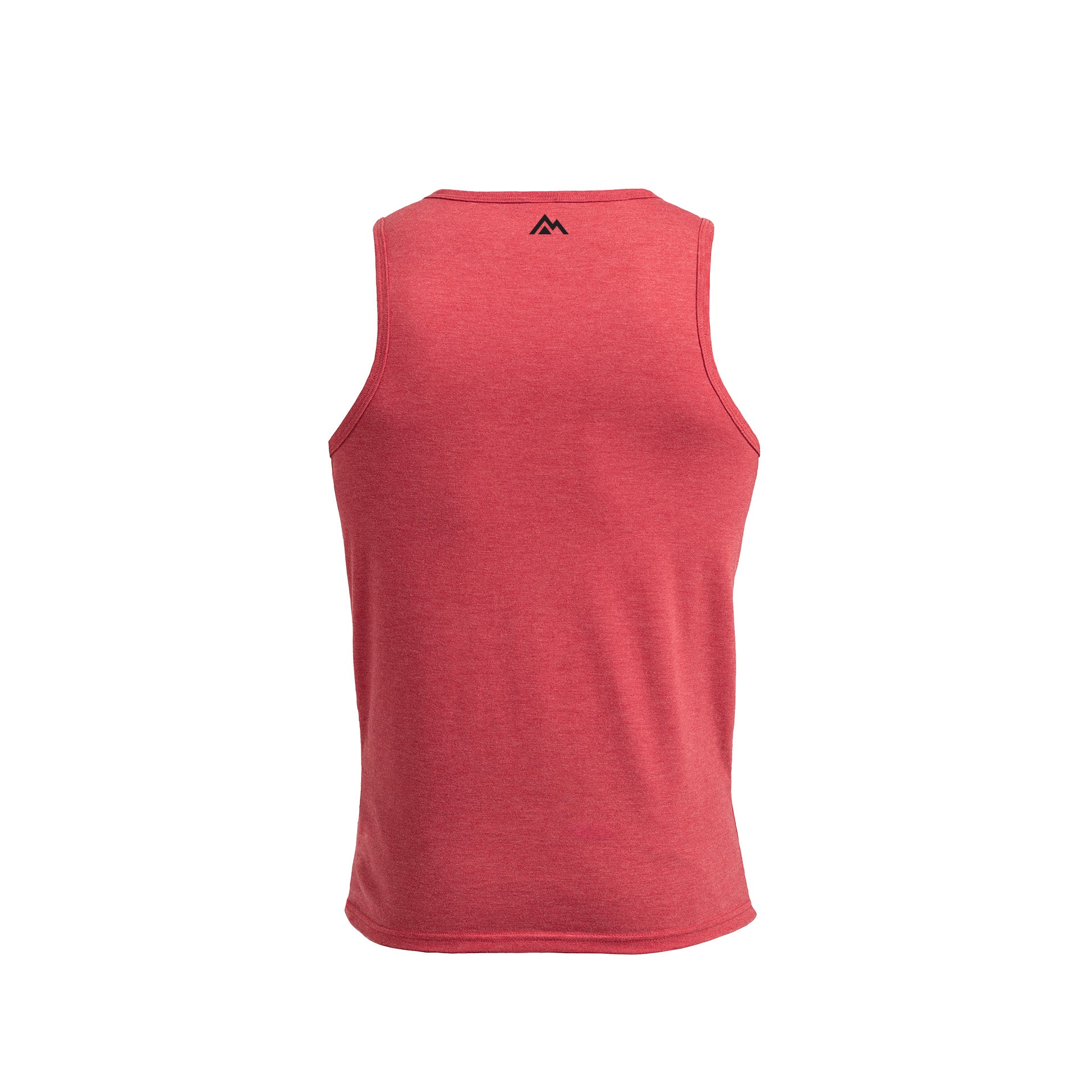 Red Men's Rise Tri-Blend Tank back view with mountain logo in top center