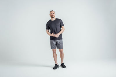 The REP Fitness Men's Apollo Shorts in Heather Cool Gray/Black on body