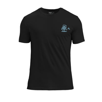 The REP Fitness Men's Feeling Swell Tri-Blend Crew T-Shirt in Heather Black/Blue front, flat lay