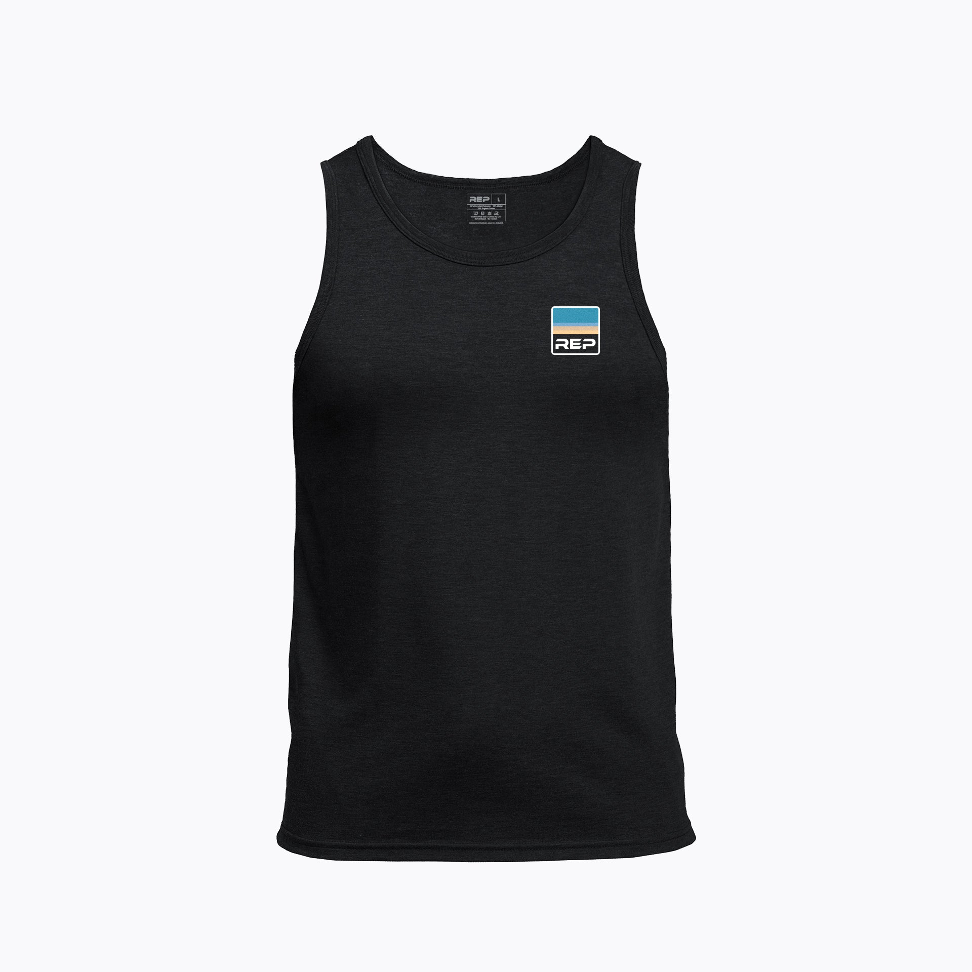 Men's Rise Tri-Blend Tank in Black with a logo on the chest against a white background