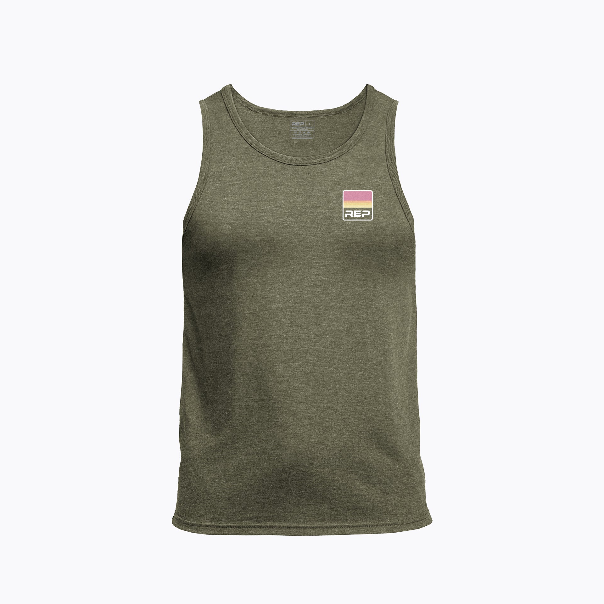 Men's Rise Tri-Blend Tank in Olive with a logo on the chest against a white background