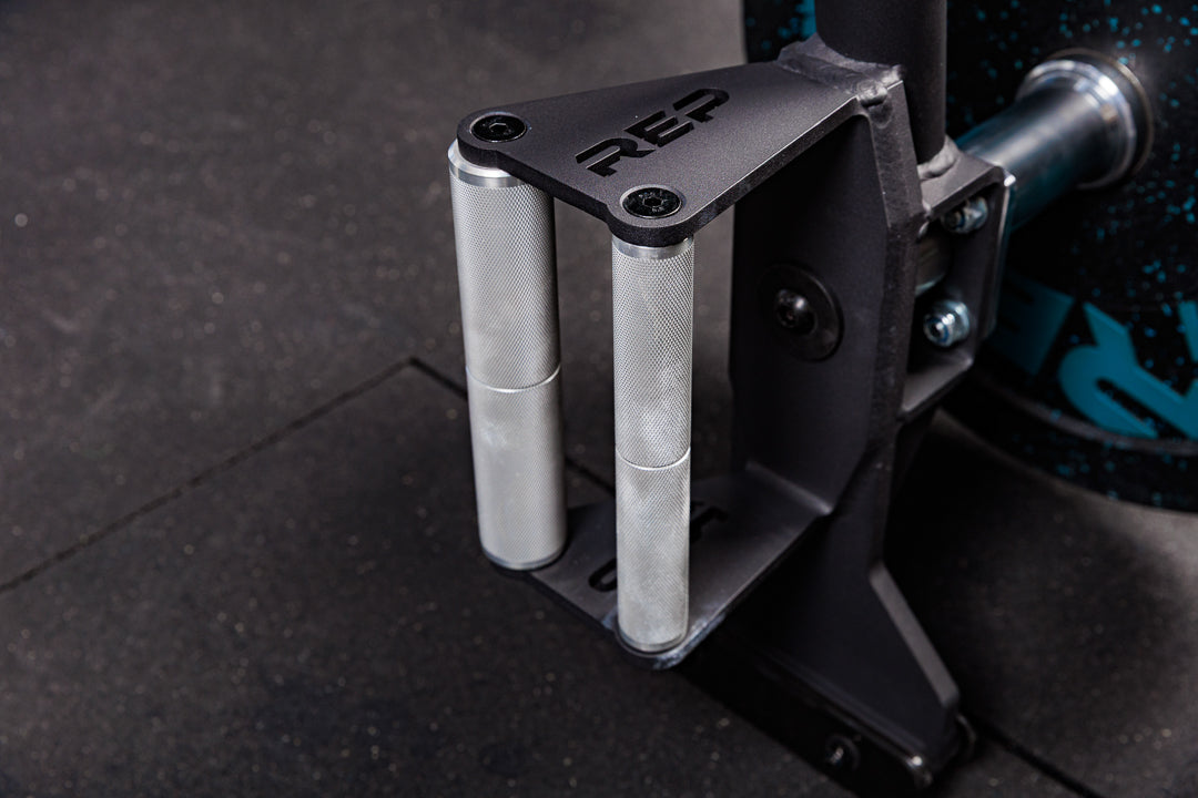 Close-up of Fixed Open Trap Bar hybrid handles with REP logo