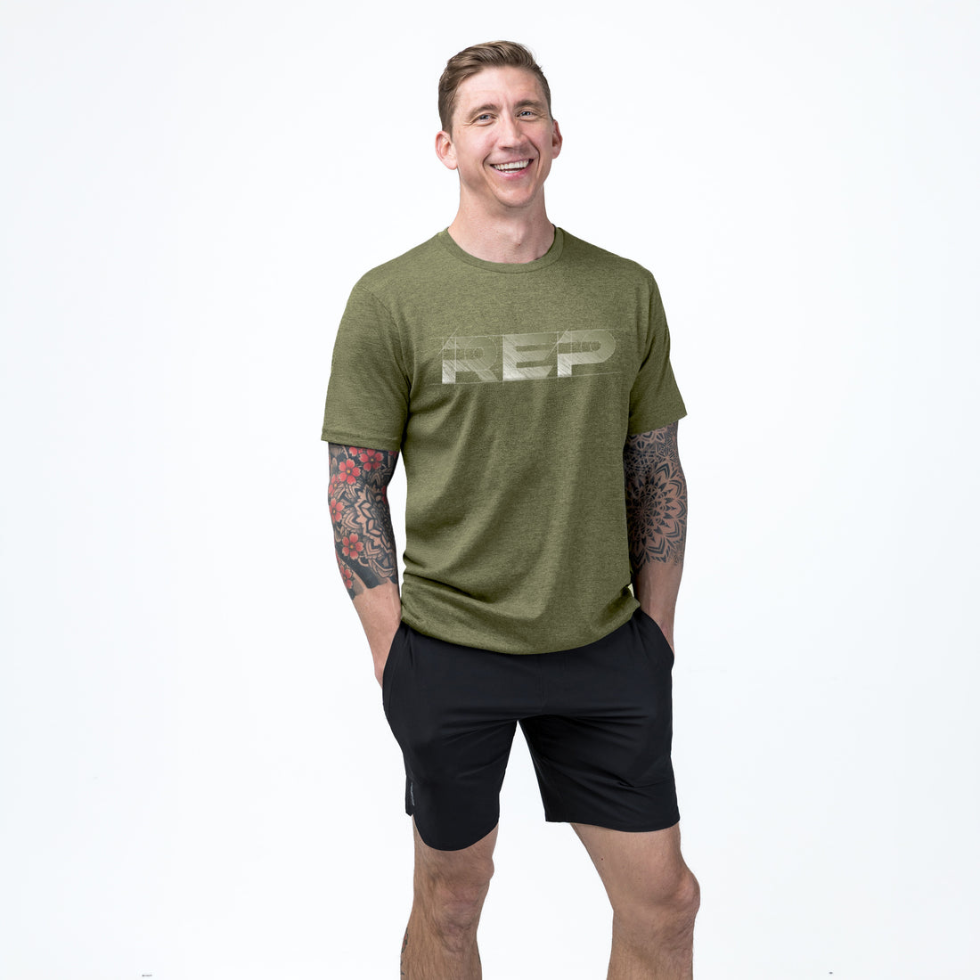 The REP Fitness Men's Blueprint Tri-Blend Crew T-shirt in Heather Olive/White on body