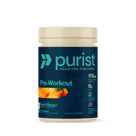Purist® Pre-workout Peach Mango supplement container with 'purist' branding on a white background