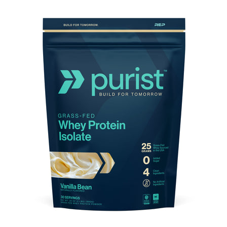 Purist® grass-fed whey protein isolate milk chocolate package on a white background