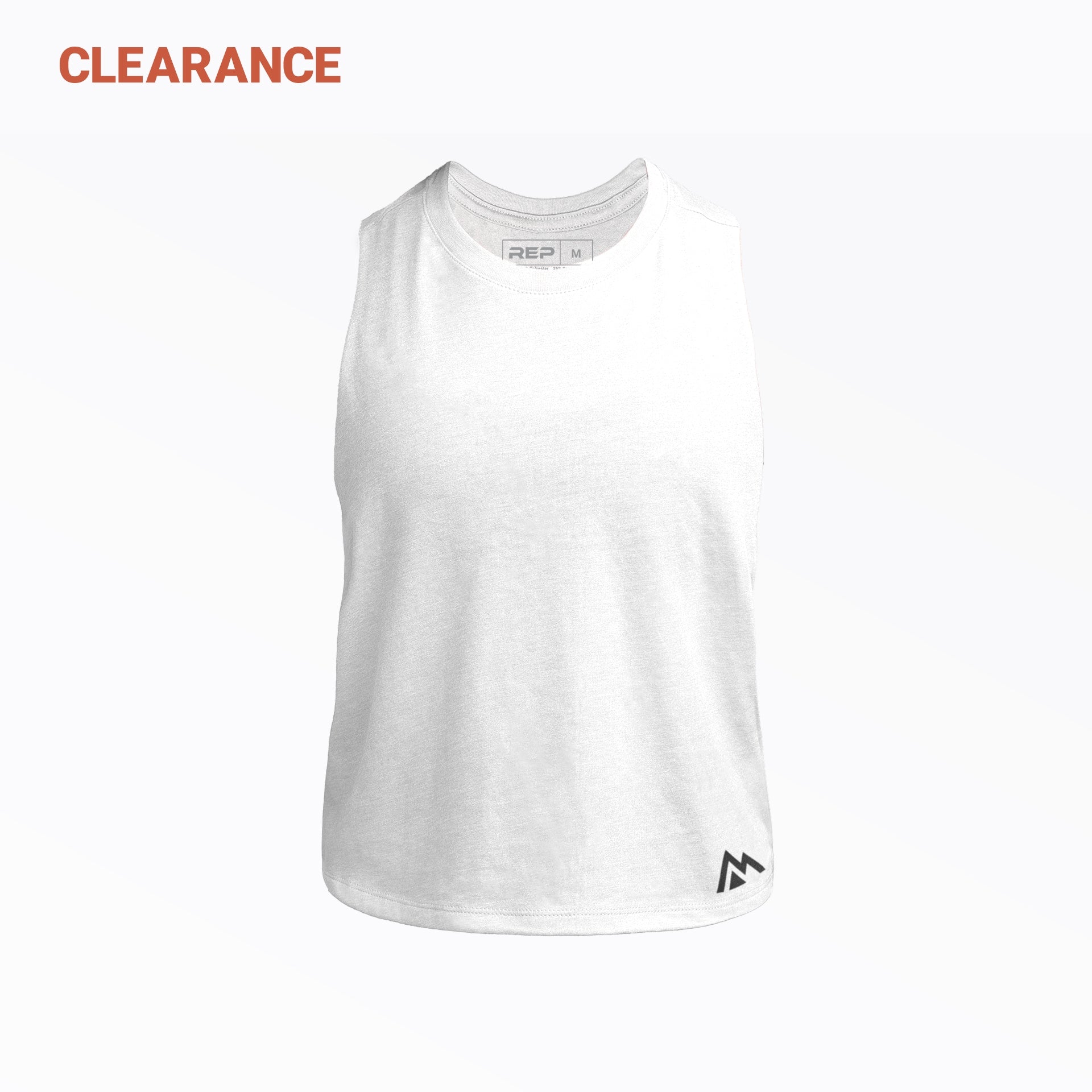REP Women's Peak Cropped Dual-Blend Tank in White with a Black graphic