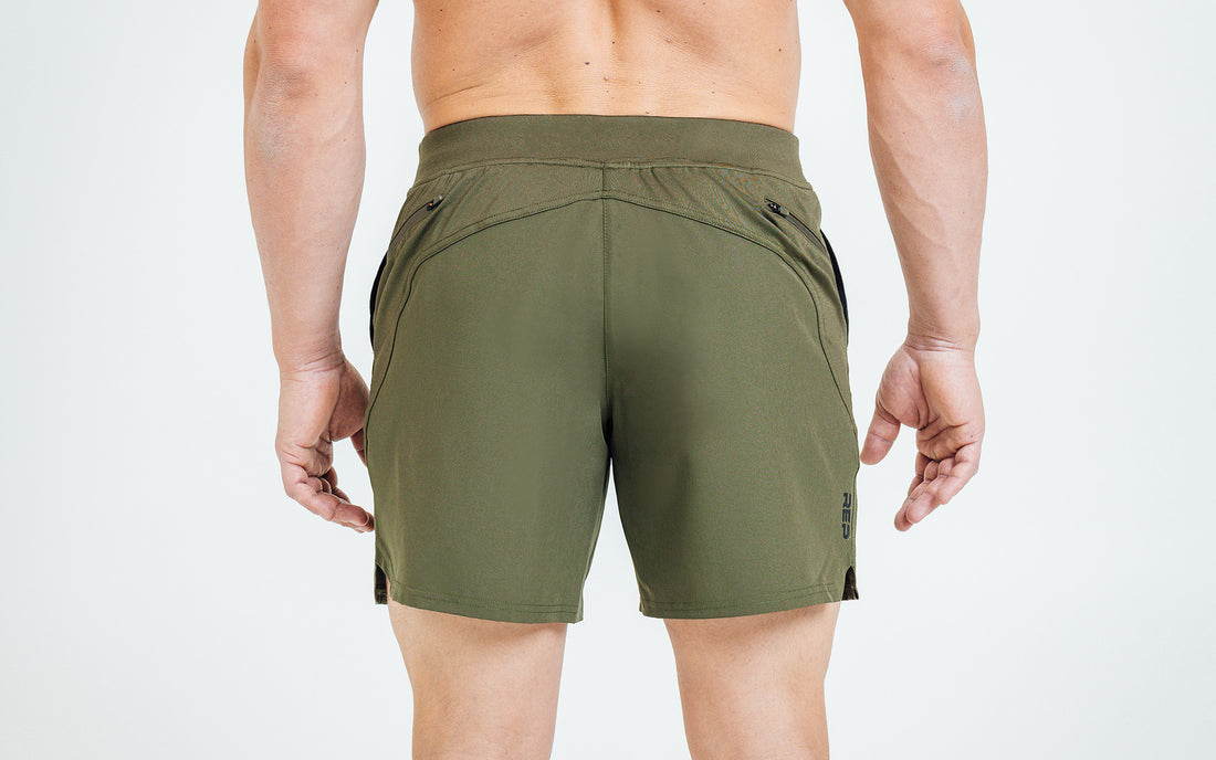 The REP Fitness Men's Pinnacle Shorts in Olive back