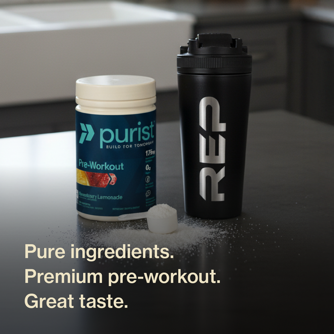 Purist® pre-workout  strawberry lemonade supplement container and shaker bottle on a table with text about product features (pure ingredients, premium pre-workout, great taste.