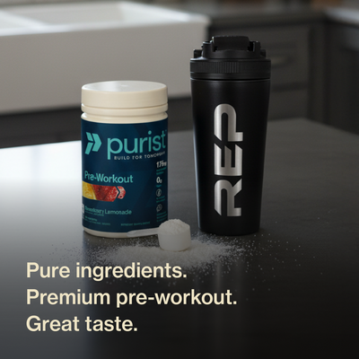 Purist® pre-workout  strawberry lemonade supplement container and shaker bottle on a table with text about product features (pure ingredients, premium pre-workout, great taste.