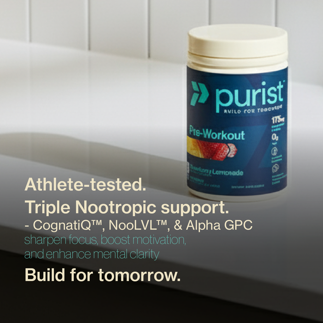 Purist pre-workout strawberry lemonade supplement container on a white surface. Athlete-test. Triple nootropic support - sharpen focus, boost motivation and enhance mental clarity. build for tomorrow.