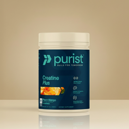 Purist® Creatine Plus supplement container with peach mango flavor on a white background