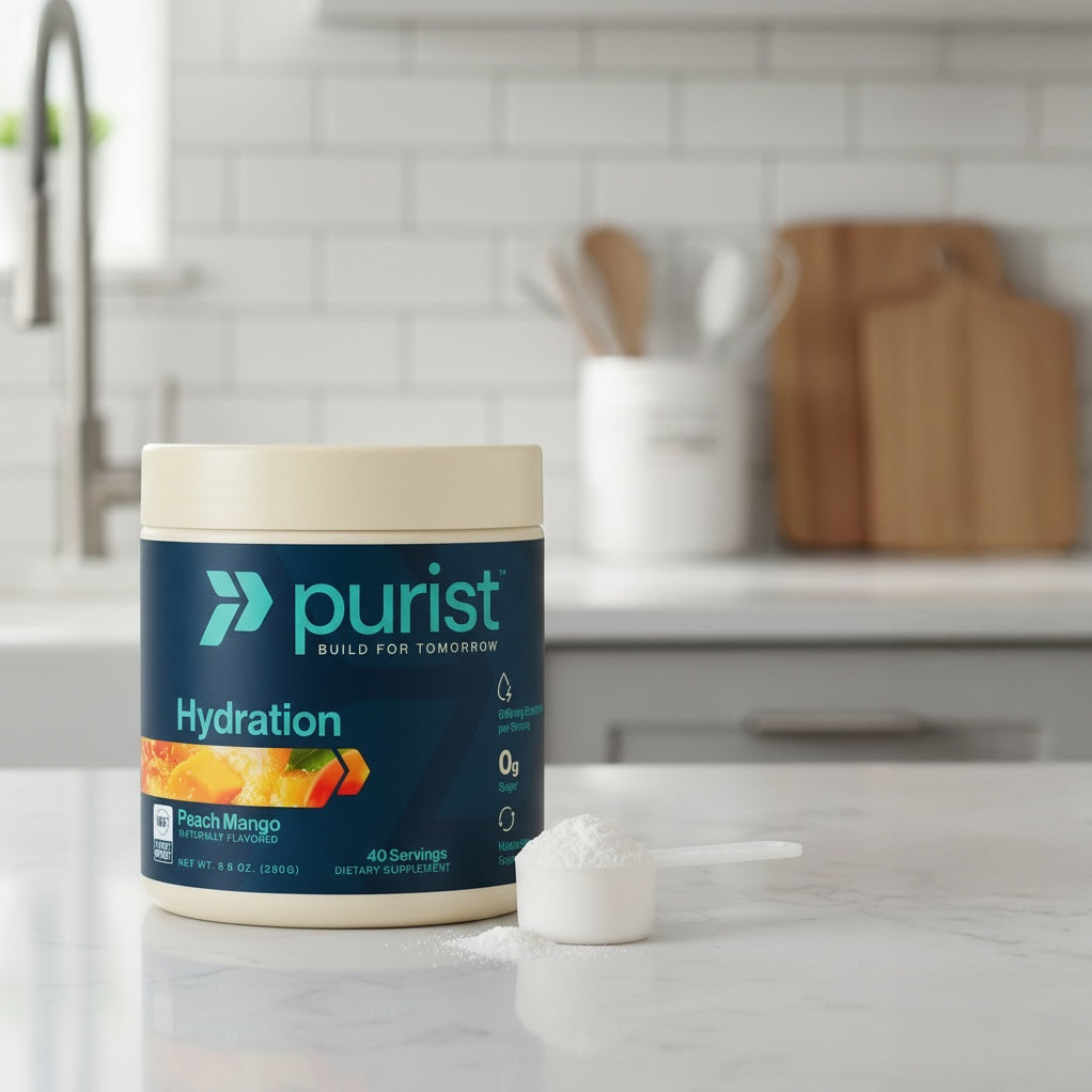 Purist® Hydration peach mango container on a kitchen counter with a scoop of powder.