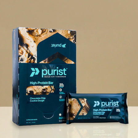 Box of Peanut Butter Chocolate Chip Purist High Protein Bars on a white background