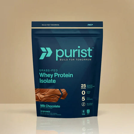 Purist® grass-fed whey protein isolate milk chocolate package on a white background