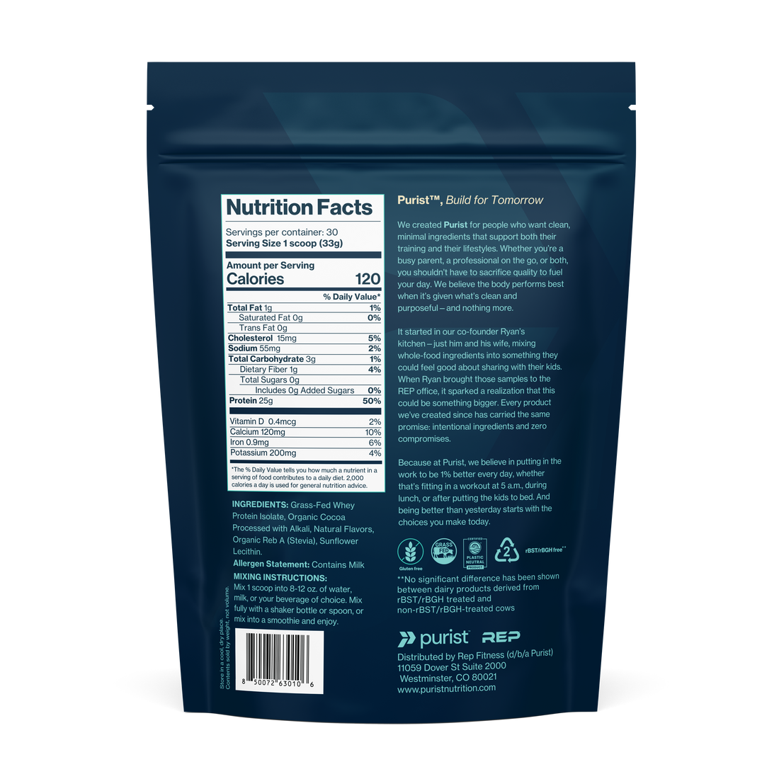 Back of a blue package with nutrition facts label and ingredient list on a white background