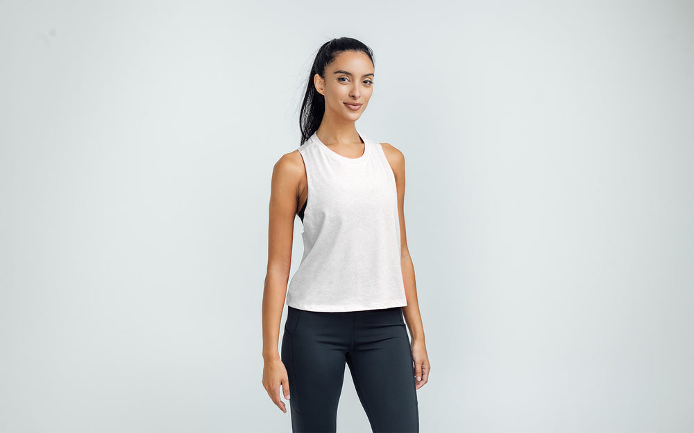 Woman wearing White/Black Peak Cropped Dual-Blend Tank