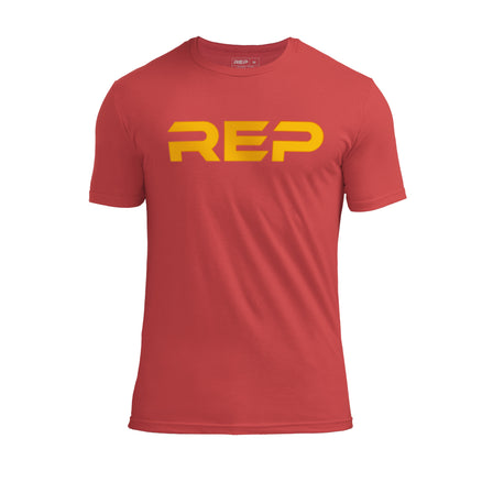 REP Fitness Men's Daily Driver 2.0 Tri-Blend Crew T-Shirt in Heather Red with a Gold graphic