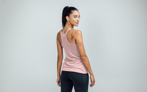 Woman wearing Heather Rose/White Daily Driver Tri-Blend Tank - Back view