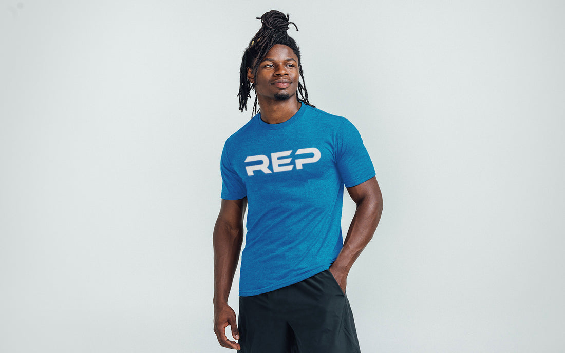The REP Fitness Men's Daily Driver 2.0 Tri-Blend Crew T-Shirt in Heather Royal Blue/White on body