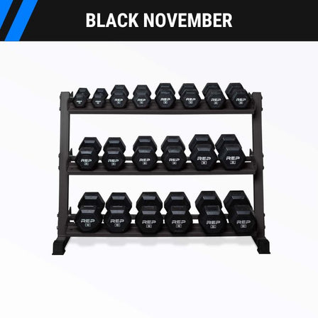 5-50lb Rubber Coated Hex Dumbbell Set stored on a REP Dumbbell Rack.