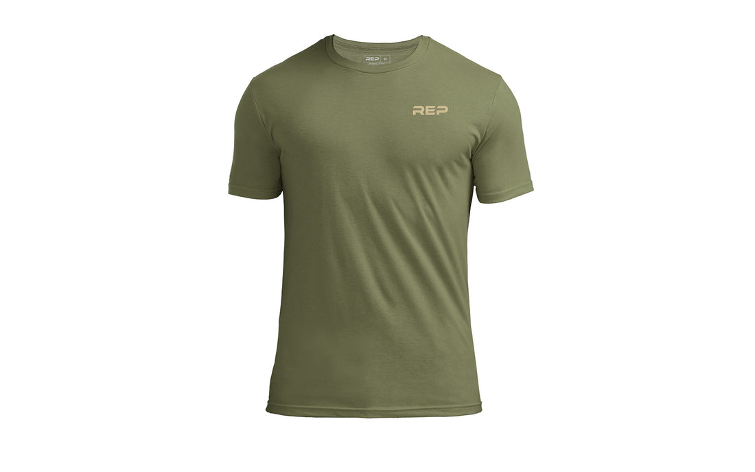 The REP Fitness Men's Engineered Tri-Blend Crew T-Shirt in Heather Olive/Tan front, flat lay