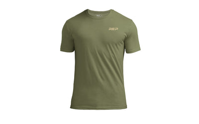 The REP Fitness Men's  Engineered Tri-Blend Crew T-Shirt front in Heather Olive/Tan 