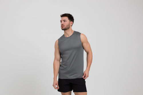 Athlete wearing a cool gray REP Men's Solis Muscle Tee.