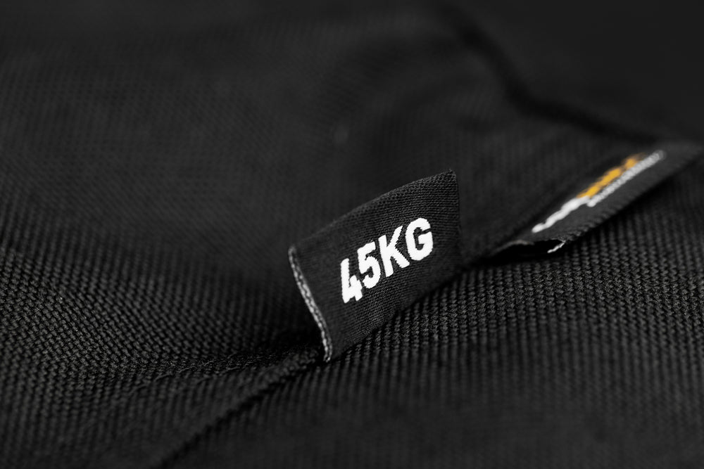 Black label with '45KG' on a black background