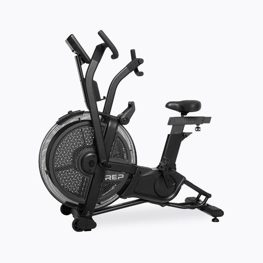 Black exercise bike with REP branding on a white background