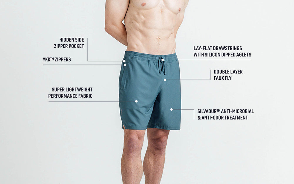 Tech callouts of the Men's Motus Shorts including hidden side zipper pocket, YKK zippers, super lightweight performance fabric, lay-flat drawstrings, double layer faux fly, and silvadur anti microbial and anti odor treatment.