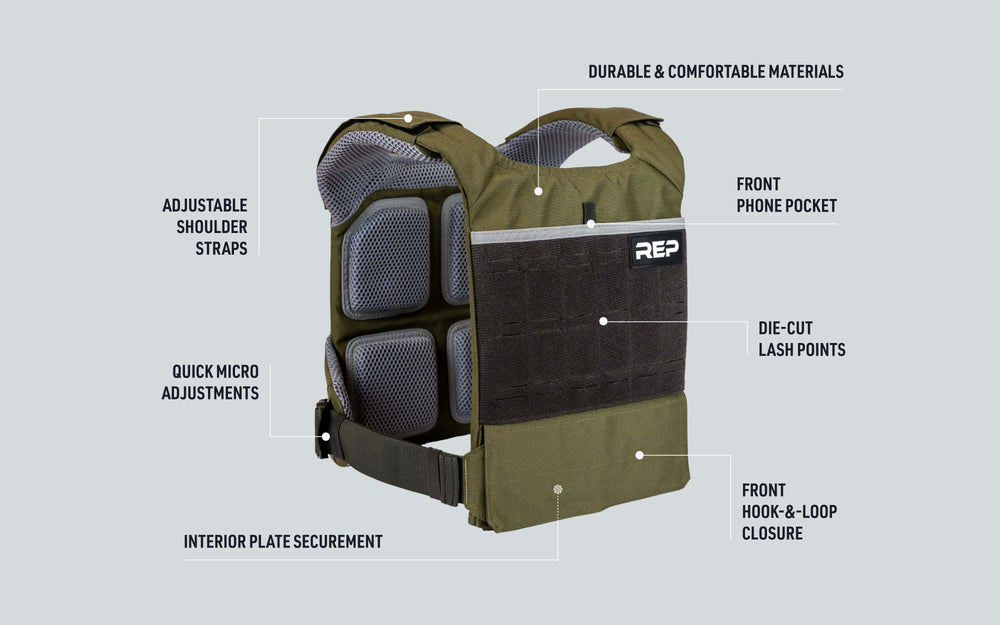 Olive Strata Weight Vest with technical features of the vest labeled