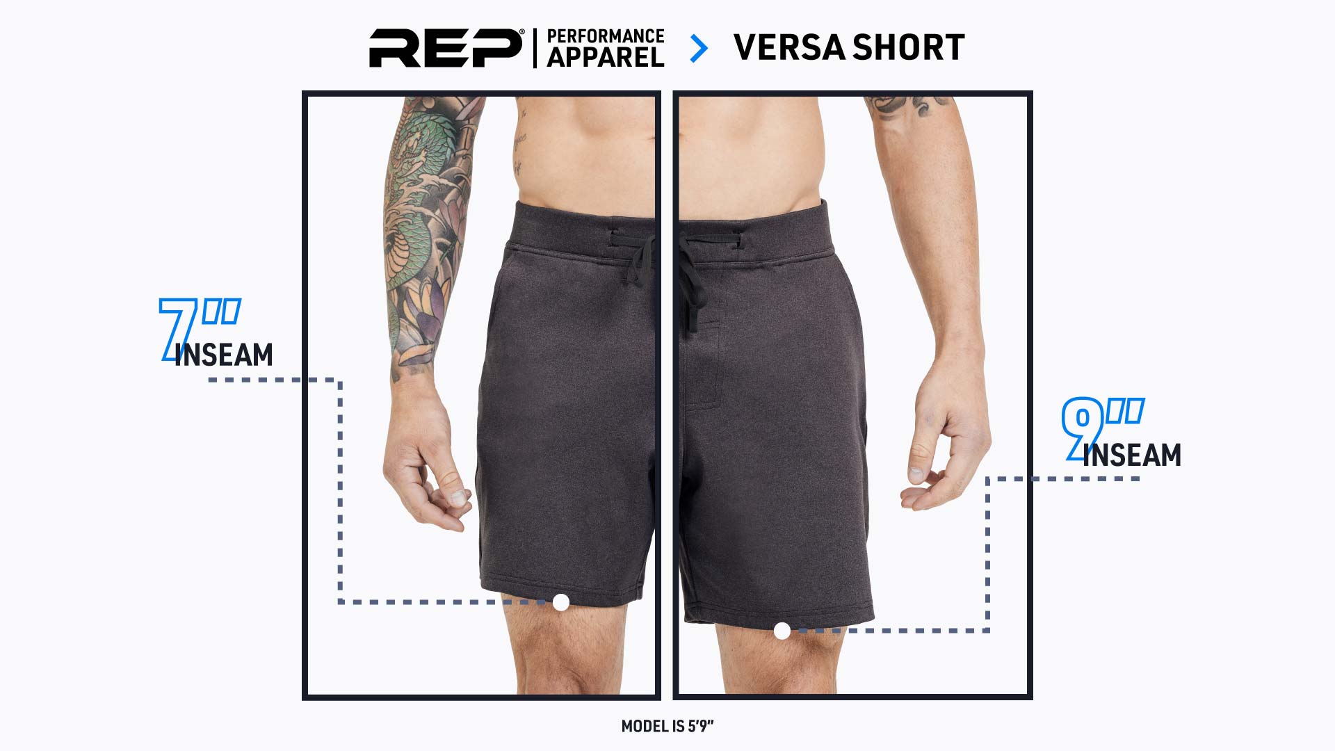 Versa Shorts length comparison between the 7 inch and 9 inch inseam