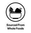 Logo with a bowl of fruit and text 'Sourced From Whole Foods' on a white background