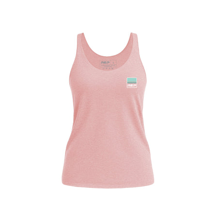 Women’s Rise Tri-Blend Tank in rose with a logo on a white background