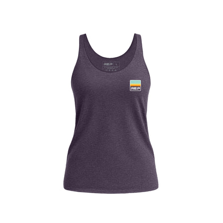 Women’s Rise Tri-Blend Tank in purple with a logo on a white background