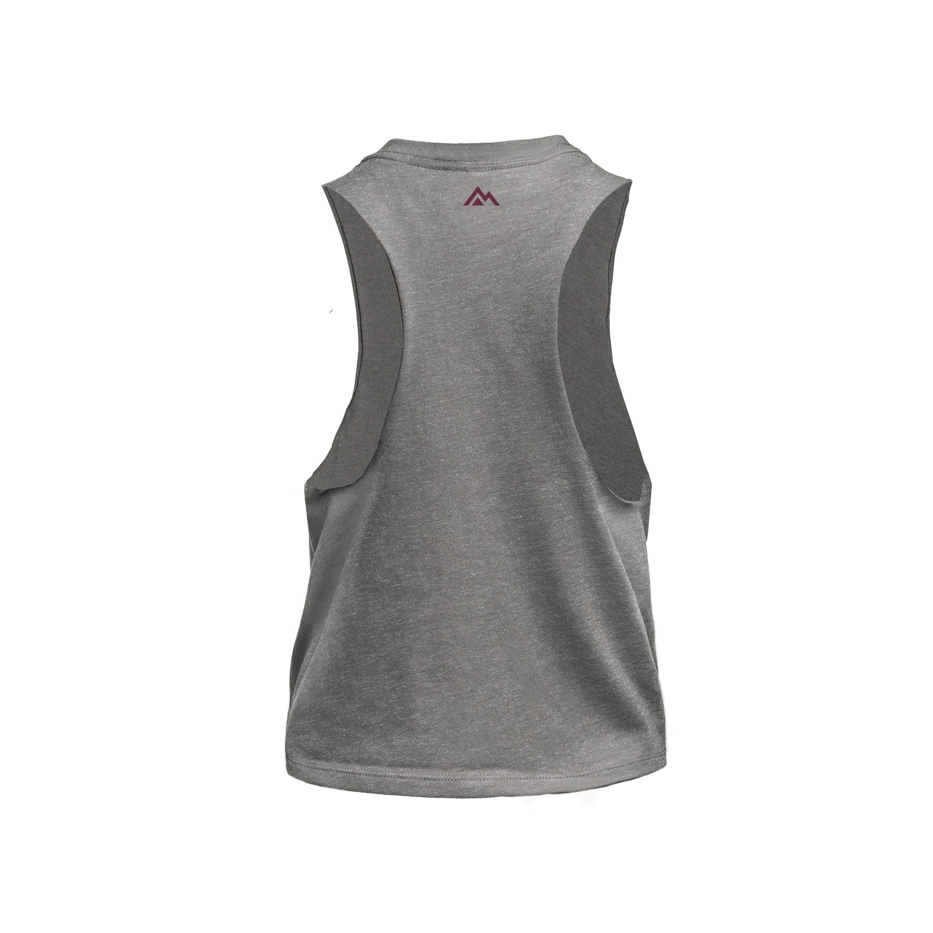 Back of Heather Gray Womens Daily Driver Cropped Dual-Blend Tank with wine mountain logo on a white background
