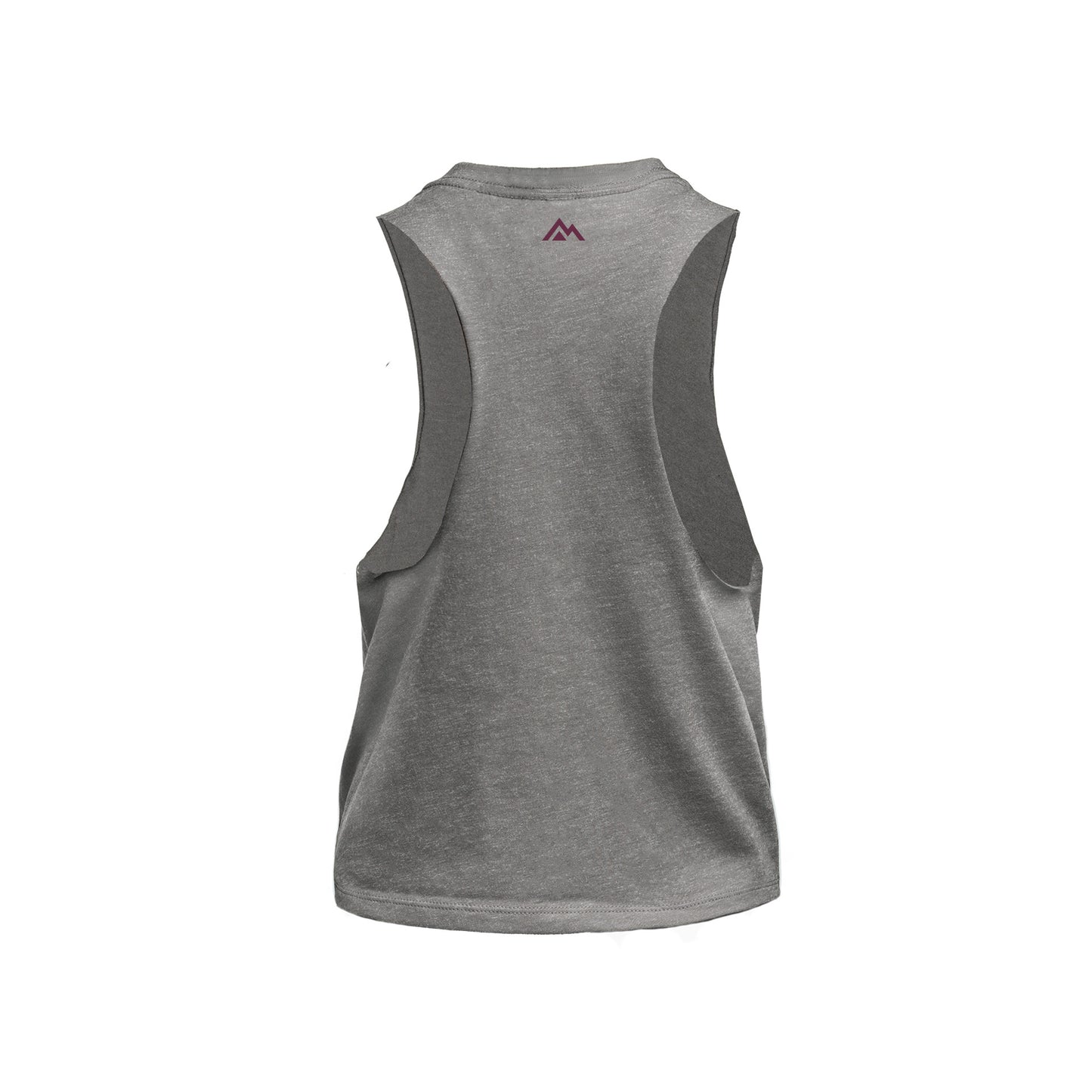Back of Heather Gray Womens Daily Driver Cropped Dual-Blend Tank with wine mountain logo on a white background