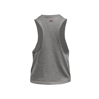 Back of Heather Gray Womens Daily Driver Cropped Dual-Blend Tank with wine mountain logo on a white background