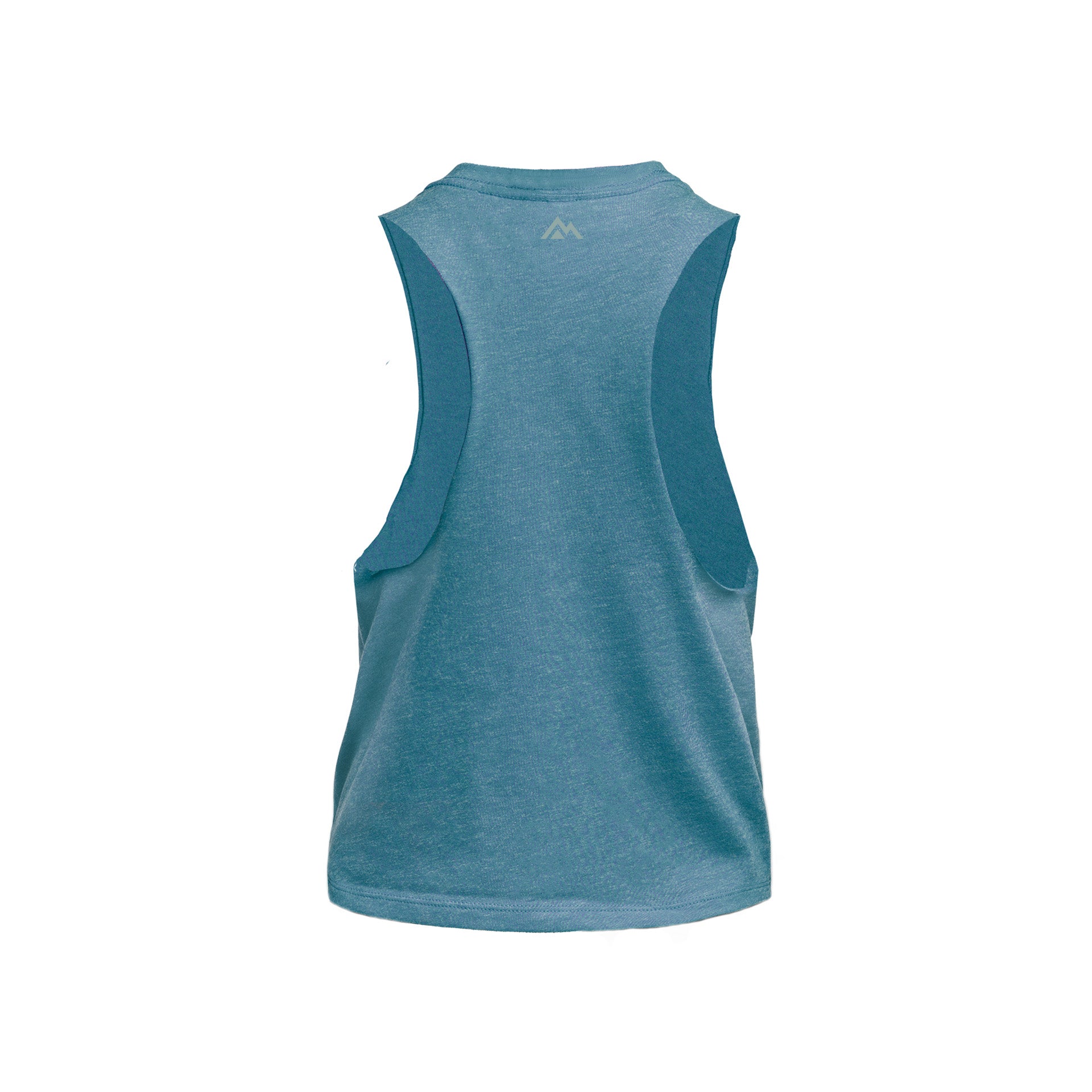 Back of Teal Womens Daily Driver Cropped Dual-Blend Tank with gray mountain logo on a white background