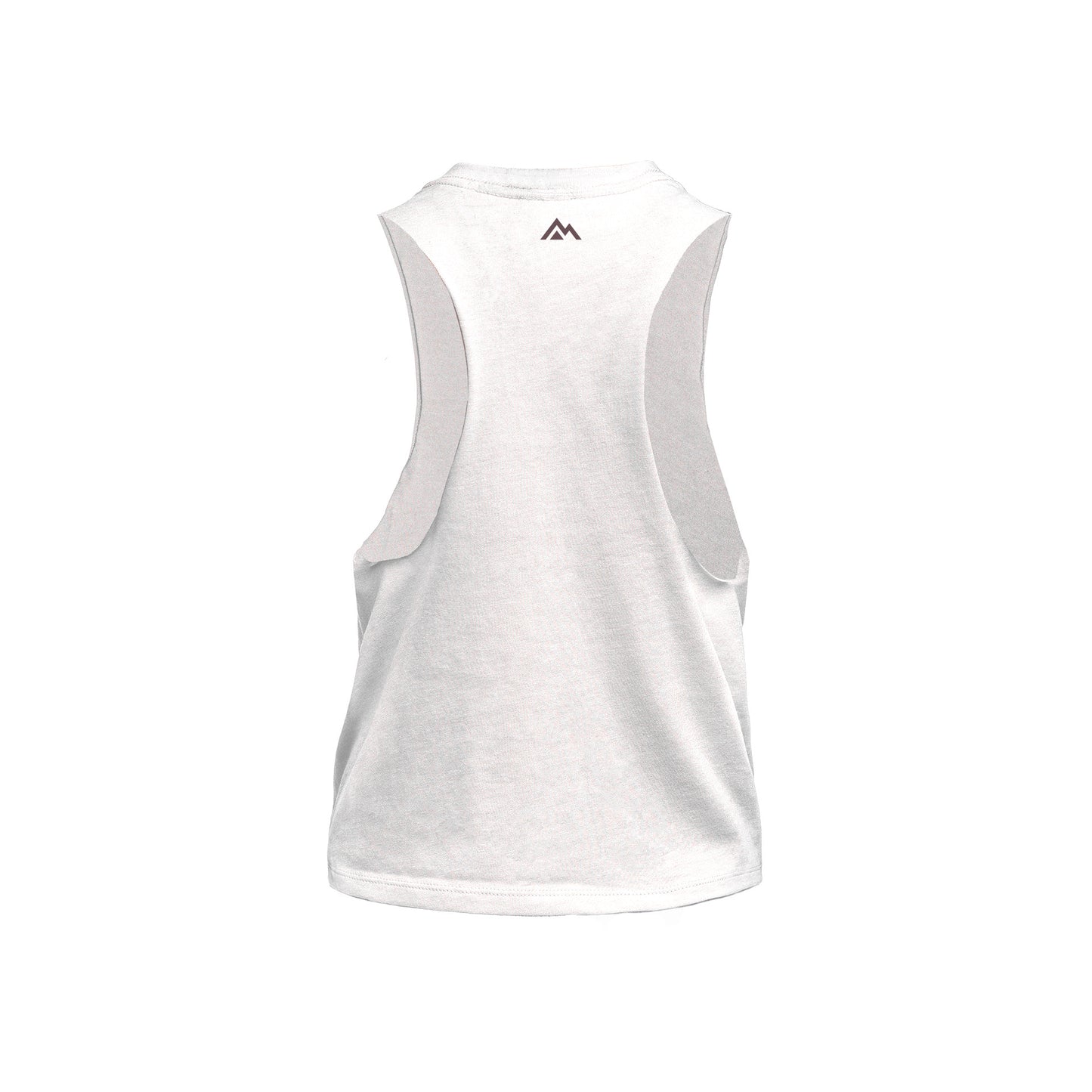 Back of White Womens Daily Driver Cropped Dual-Blend Tank with cocoa mountain logo on a white background