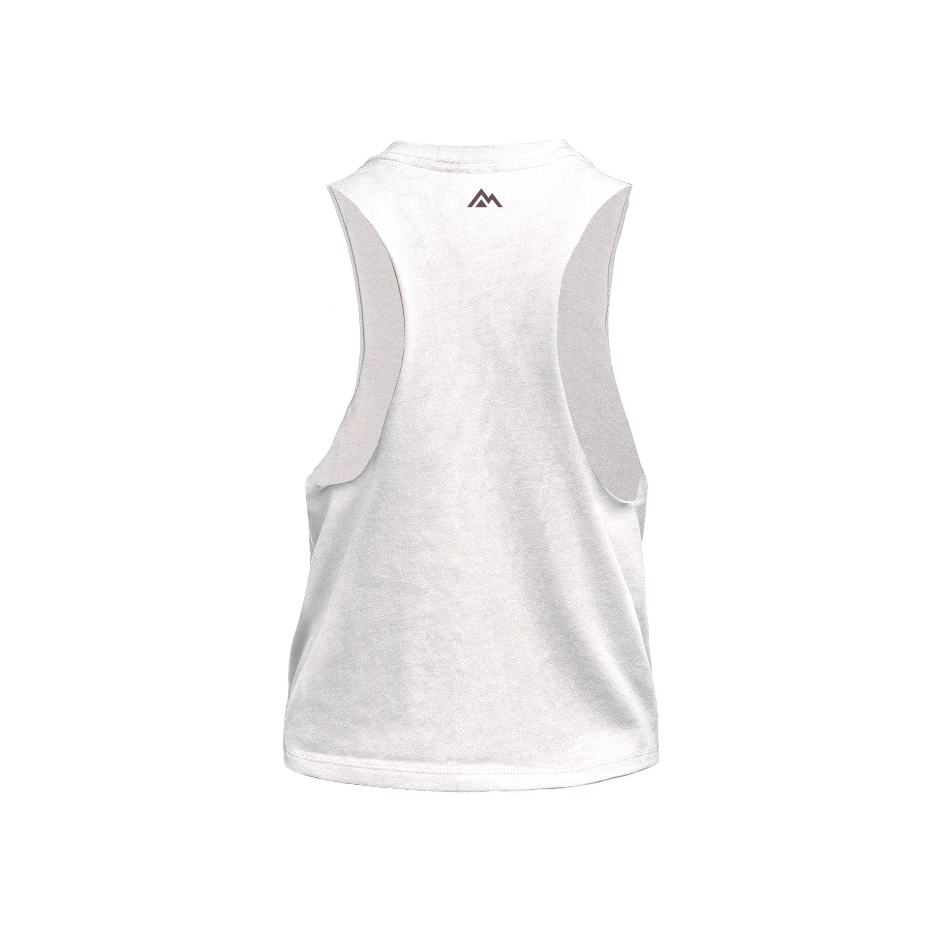 Back of White Womens Daily Driver Cropped Dual-Blend Tank with cocoa mountain logo on a white background
