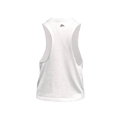 Back of White Womens Daily Driver Cropped Dual-Blend Tank with cocoa mountain logo on a white background