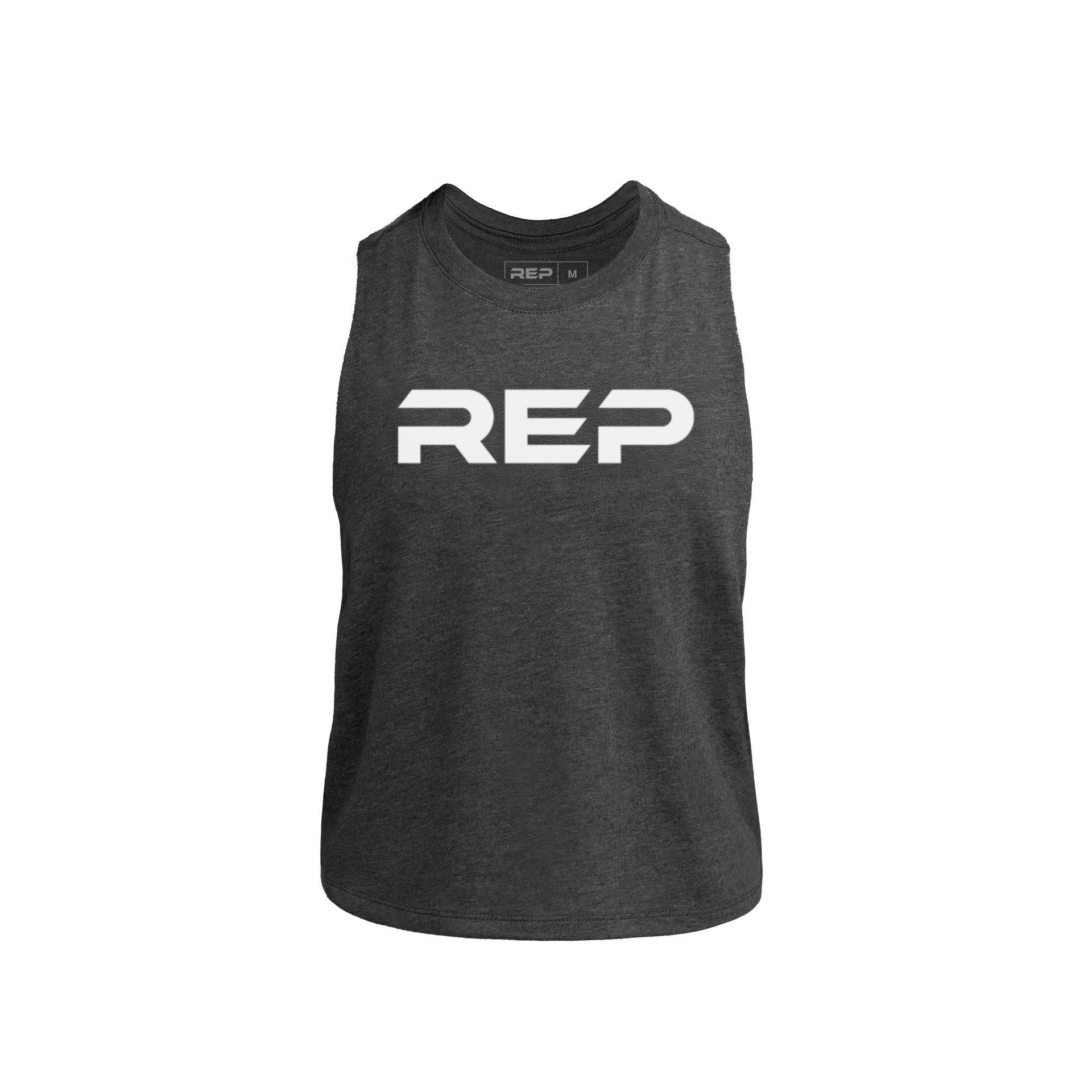 Charcoal Womens Daily Driver Cropped Dual-Blend Tank with white 'REP' logo on a white background