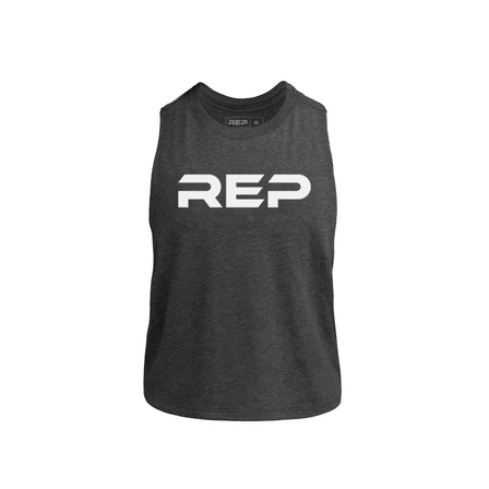 Charcoal Womens Daily Driver Cropped Dual-Blend Tank with white 'REP' logo on a white background