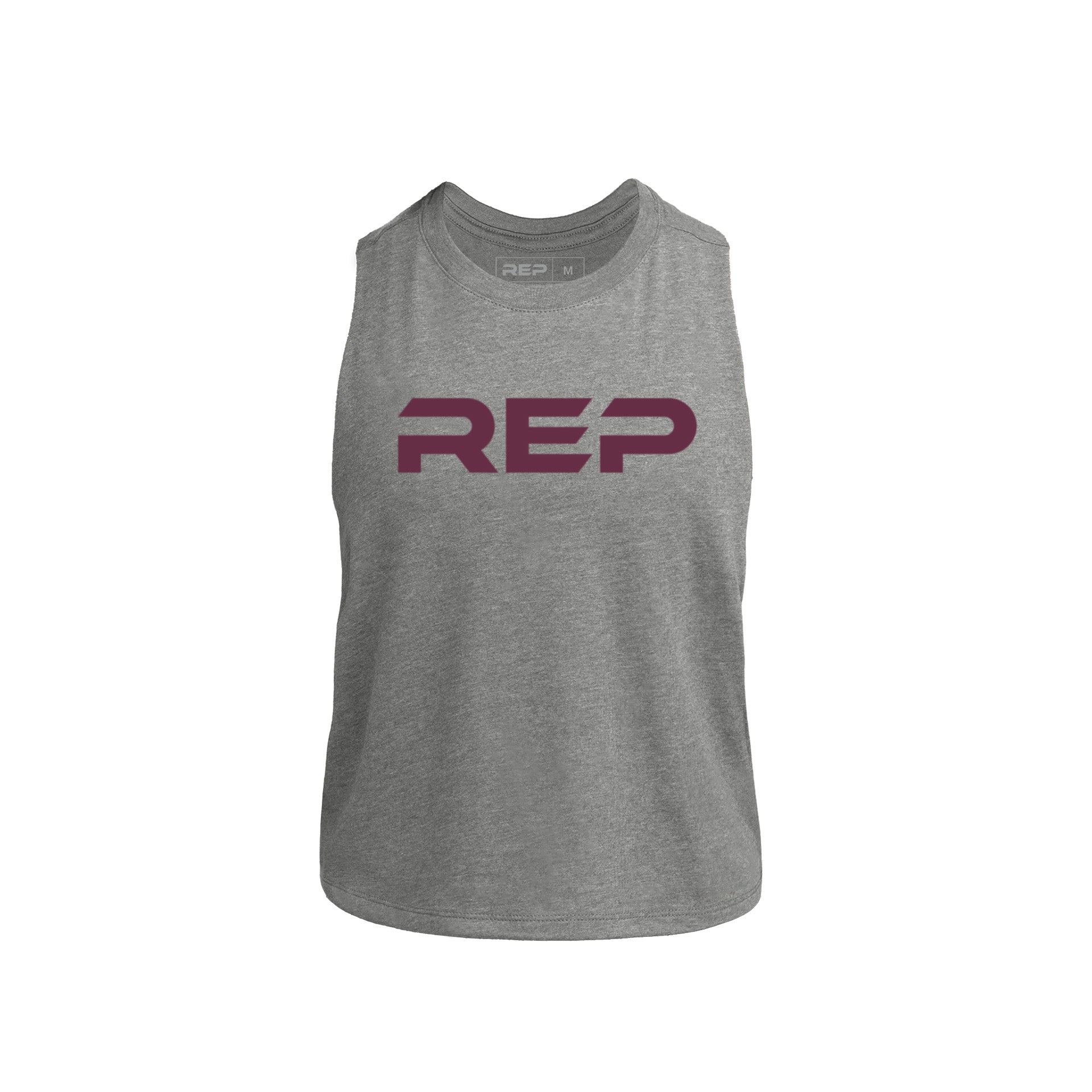 Gray Womens Daily Driver Cropped Dual-Blend Tank with wine 'REP' logo on a white background