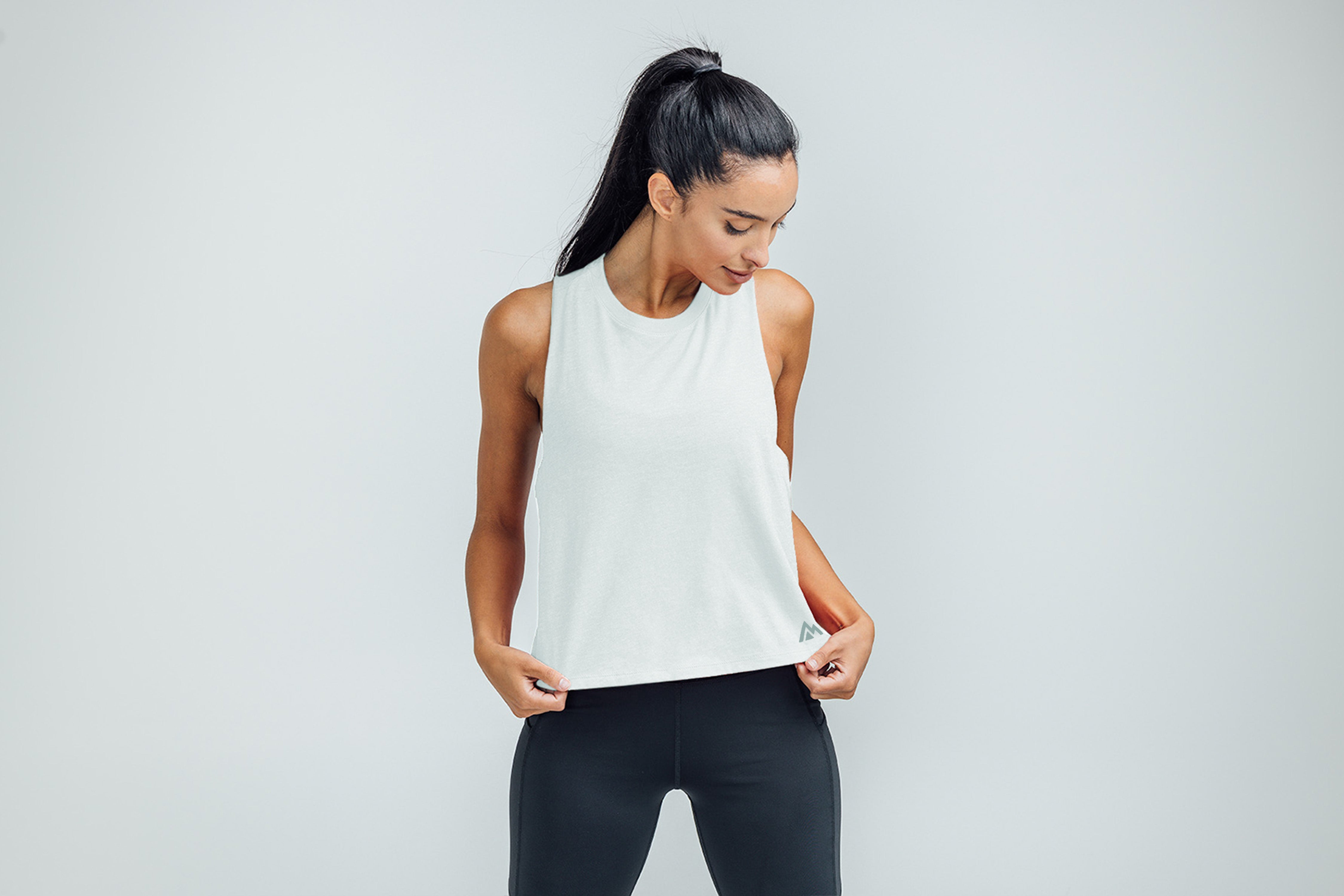 Woman wearing White/Aqua Gray Cropped Dual-Blend Tank
