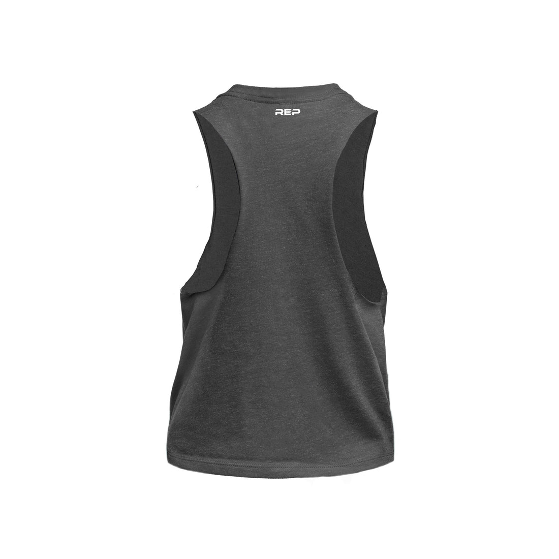 The REP Fitness Women's Peak Cropped Dual-Blend Tank in Heather Charcoal/White back
