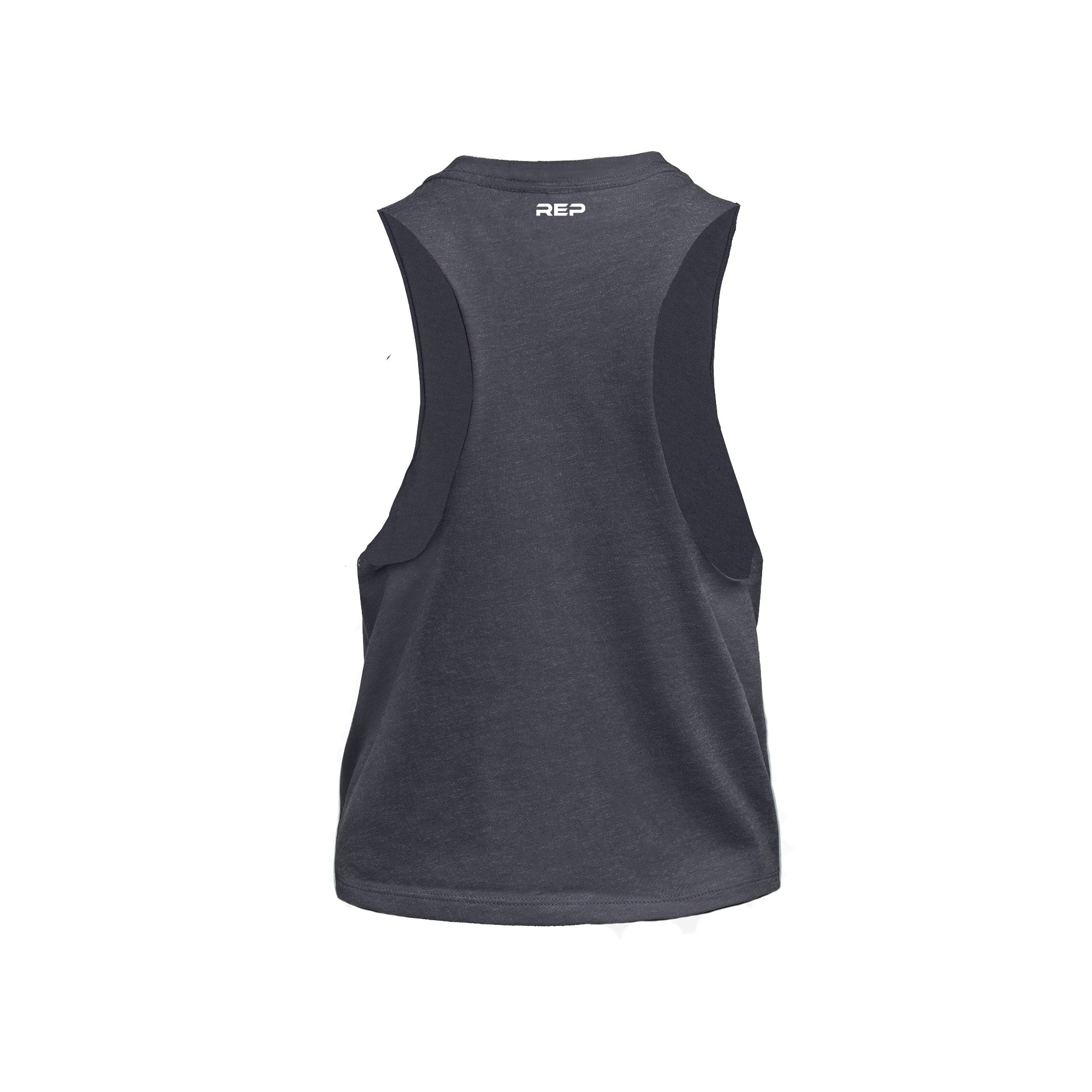 Back of Heather Navy/White Women's Peak Cropped Dual-Blend Tank showing REP logo