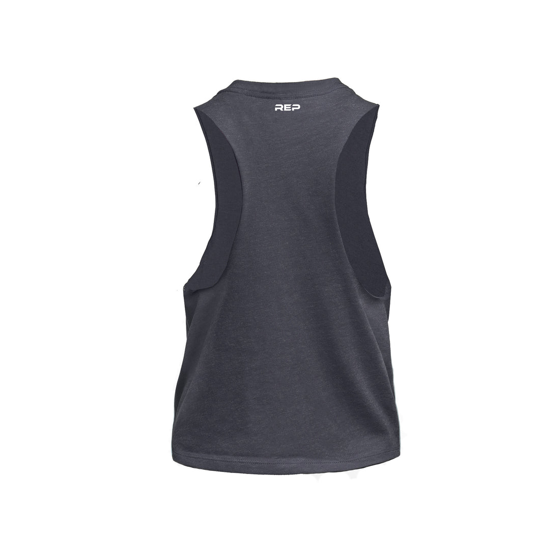 The REP Fitness Women's Peak Cropped Dual-Blend Tank in Heather Navy/White back